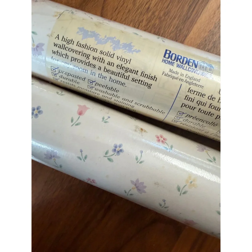 VTG Borden Home Wallcoverings Vinyl Wallpaper Lot of 2 White Floral Cottagecore